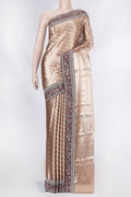 Golden Peach Dual Tone Organza Silk Saree with Zari Brocade on the body and Embroidery Border displayed on a mannequin