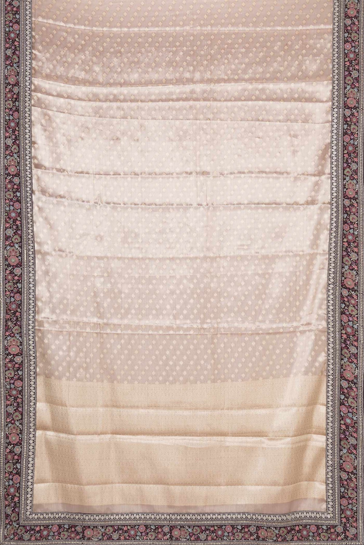 Flat view of Golden Peach Dual Tone Organza Silk Saree with Zari Brocade on the body and Embroidery Border