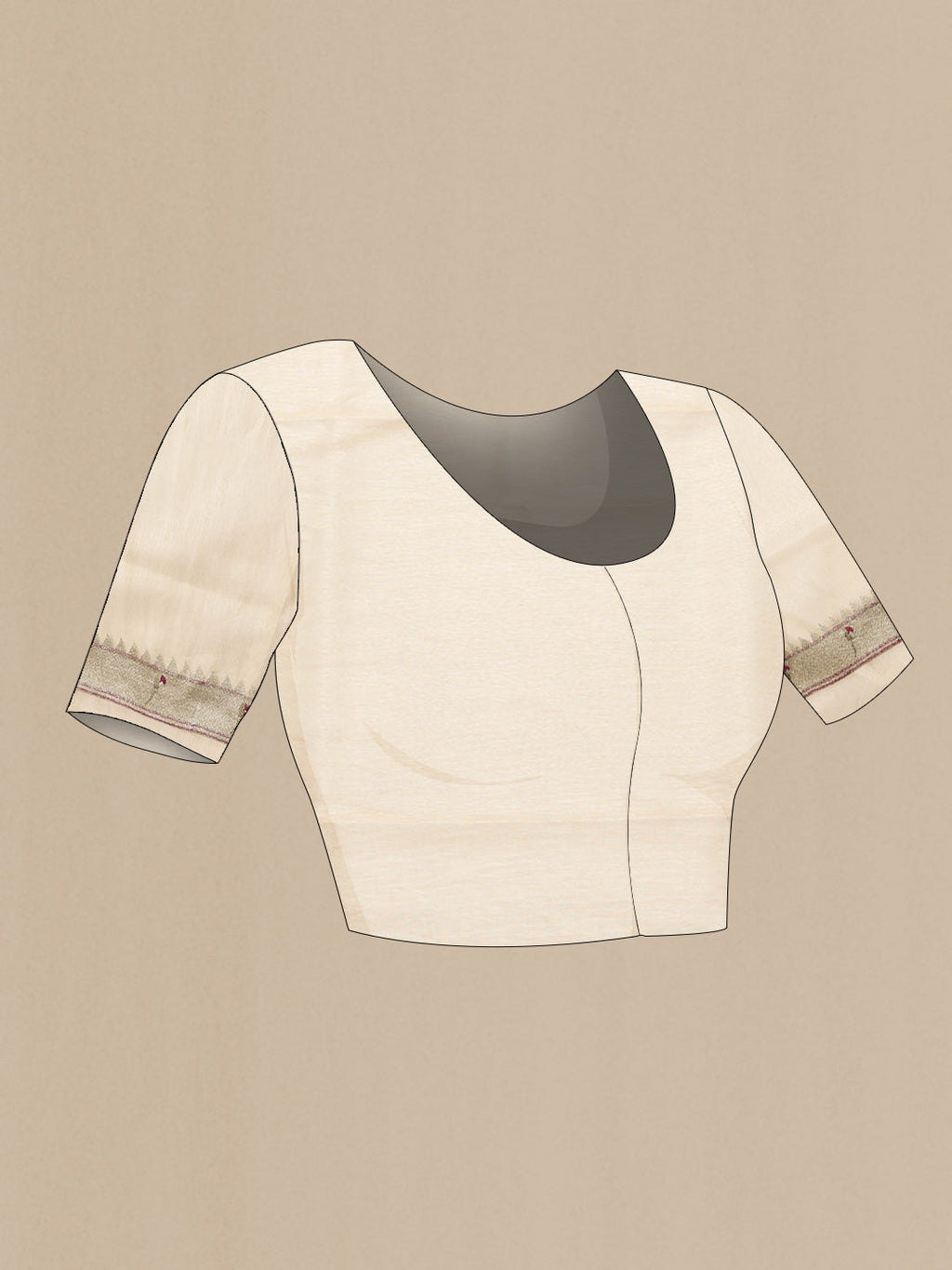 Close up image of the blouse of Sandal Dual Tone Organza Silk Saree with Zari Butta on the body and Fancy Border. 