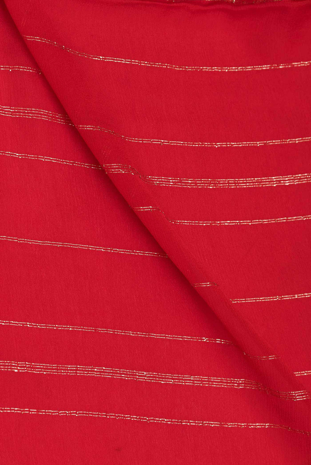 Close up of Red Dual Tone Mysore Georgette Saree with Stripes on the body and Embroidery Border displaying folds