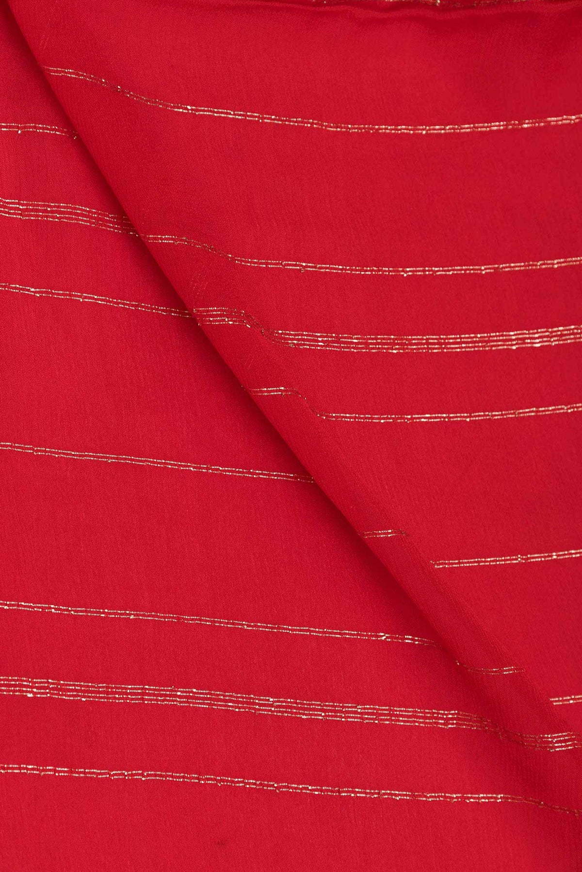Close up of Red Dual Tone Mysore Georgette Saree with Stripes on the body and Embroidery Border displaying folds