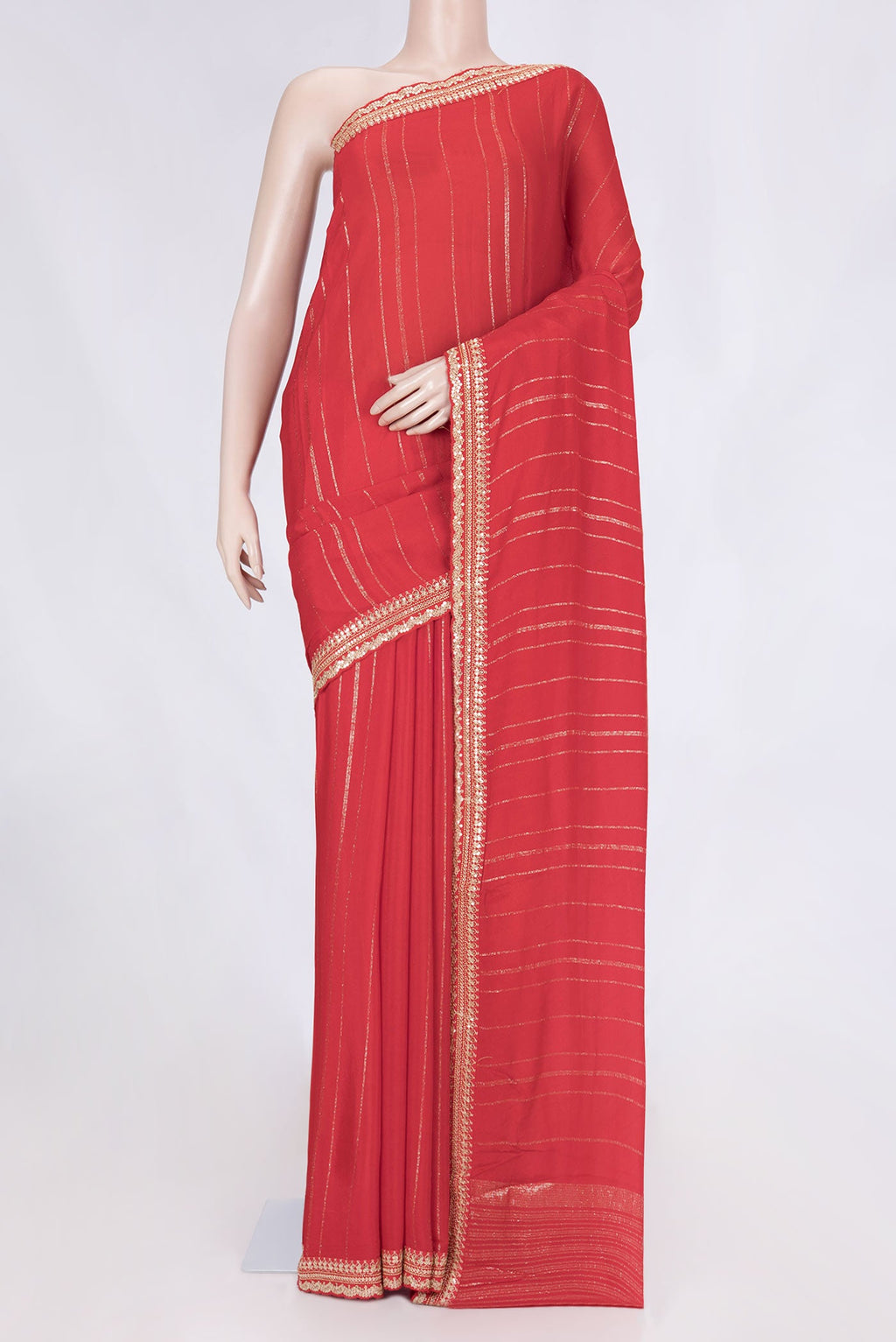 Red Dual Tone Mysore Georgette Saree with Stripes on the body and Embroidery Border displayed on a mannequin