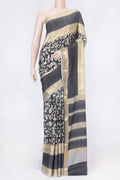 Grey Dual Tone Mysore Crepe Saree with Printed design on the body and Zari Border displayed on a mannequin
