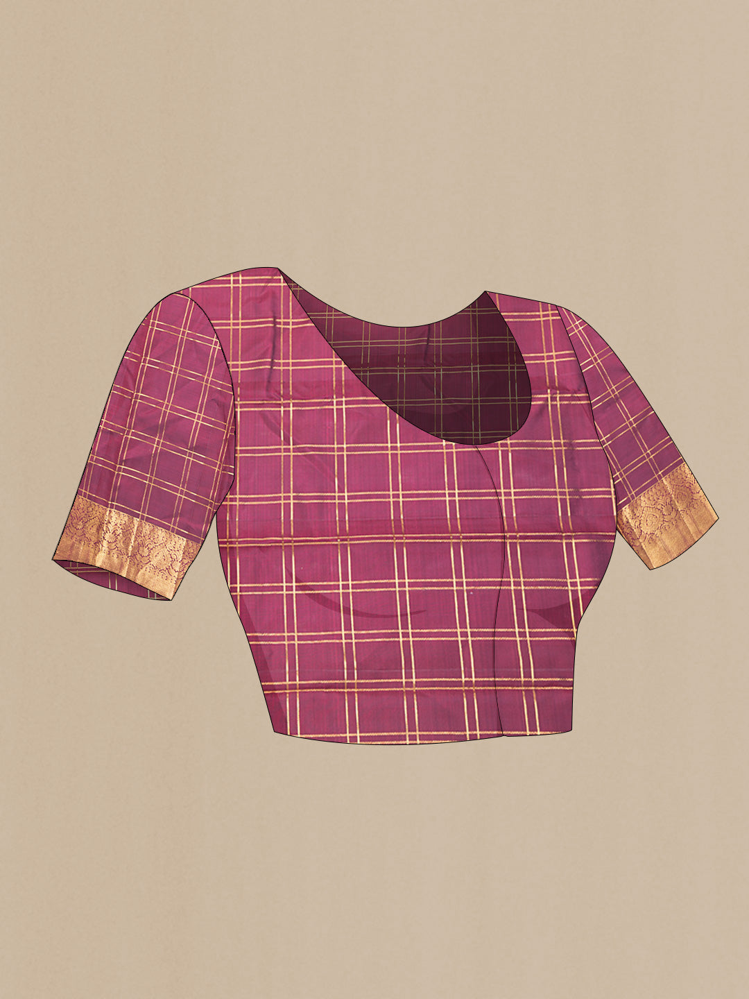 Close up image of the blouse of Purple Dual Tone Kanchipuram Silk Saree with Jacquard With Zari Butta on the body and Zari Border