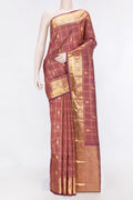 Purple Dual Tone Kanchipuram Silk Saree with Jacquard With Zari Butta on the body and Zari Border displayed on a mannequin