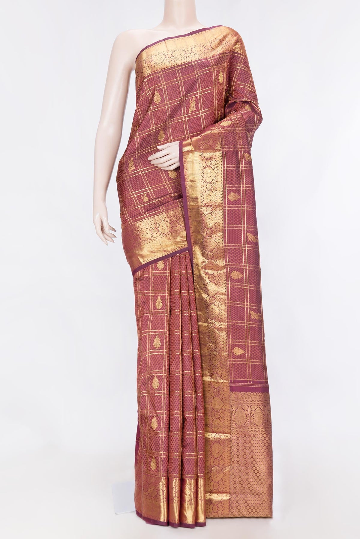 Purple Dual Tone Kanchipuram Silk Saree with Jacquard With Zari Butta on the body and Zari Border displayed on a mannequin