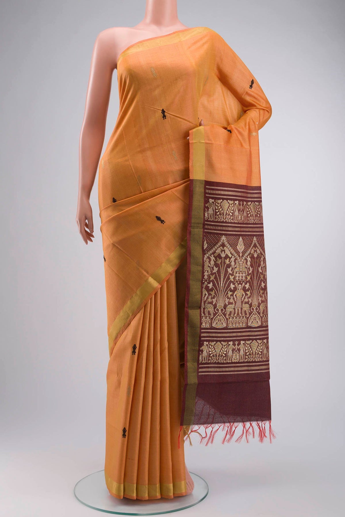 Orange Bhagalpuri Tussar Silk Saree with Zari Butta on the body and Zari Border displayed on a mannequin