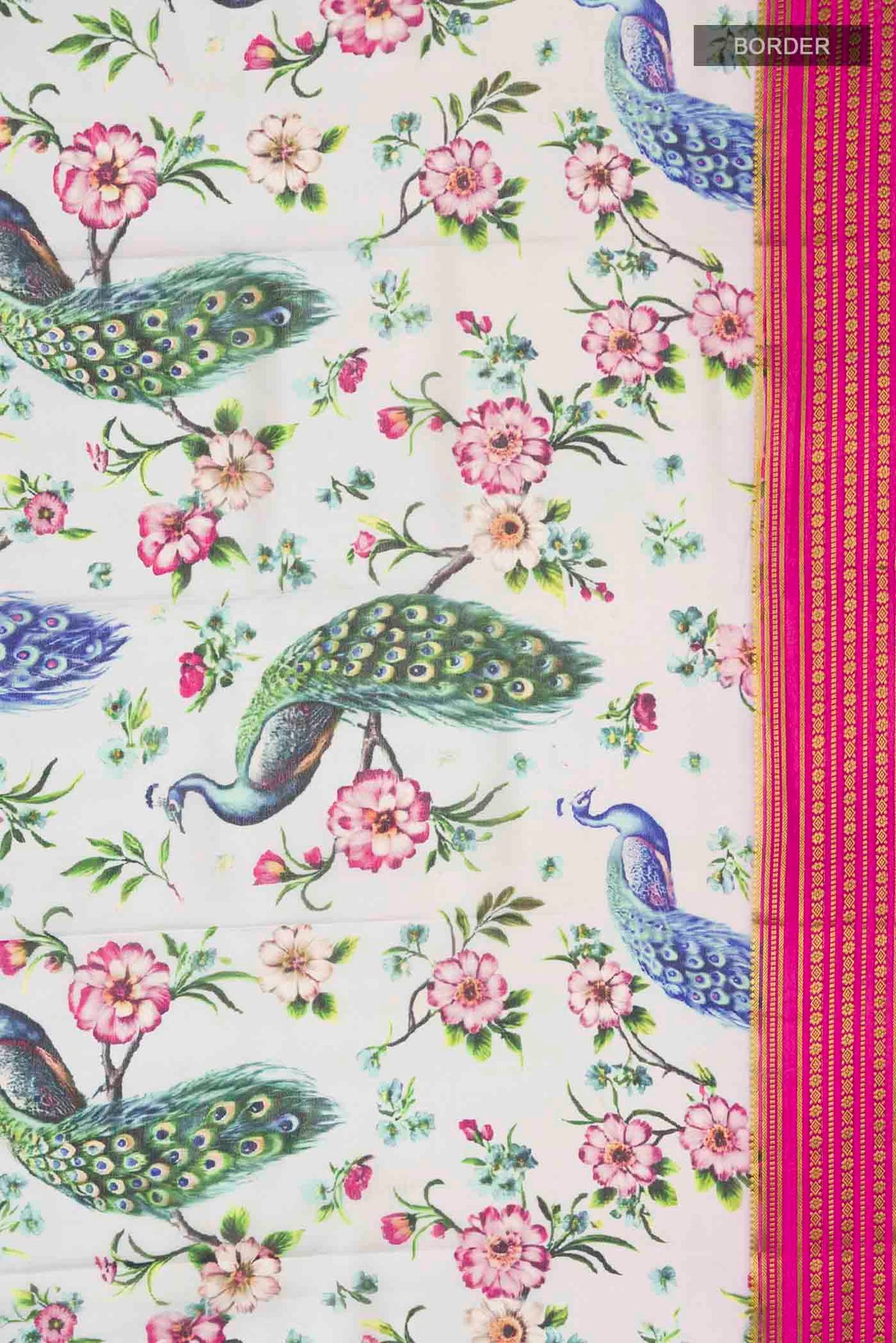 Border image of Grey Mysore Crepe Saree with Printed design on the body and Zari Border