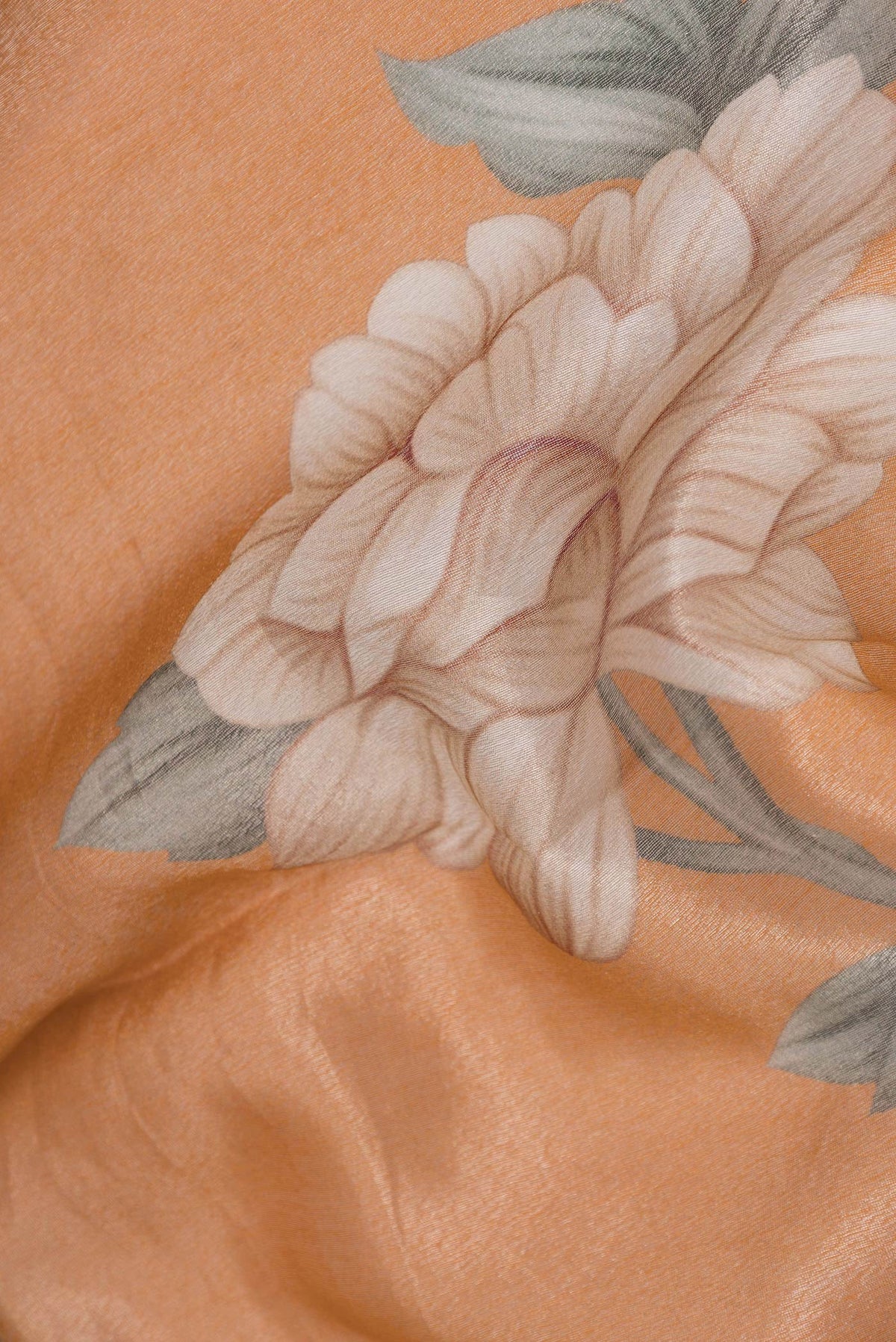 Close up of Orange Dual Tone Organza Silk Saree with Printed design on the body and Zari Border.  displaying folds
