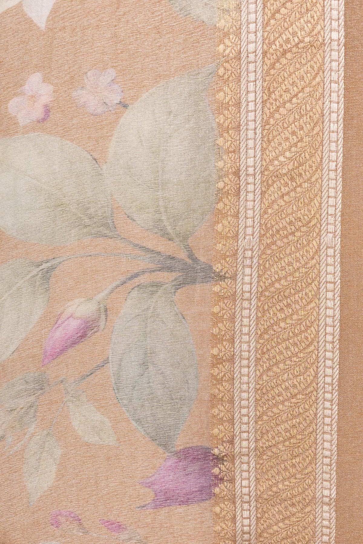 Border image of Beige Dual Tone Organza Silk Saree with Printed design on the body and Zari Border. 