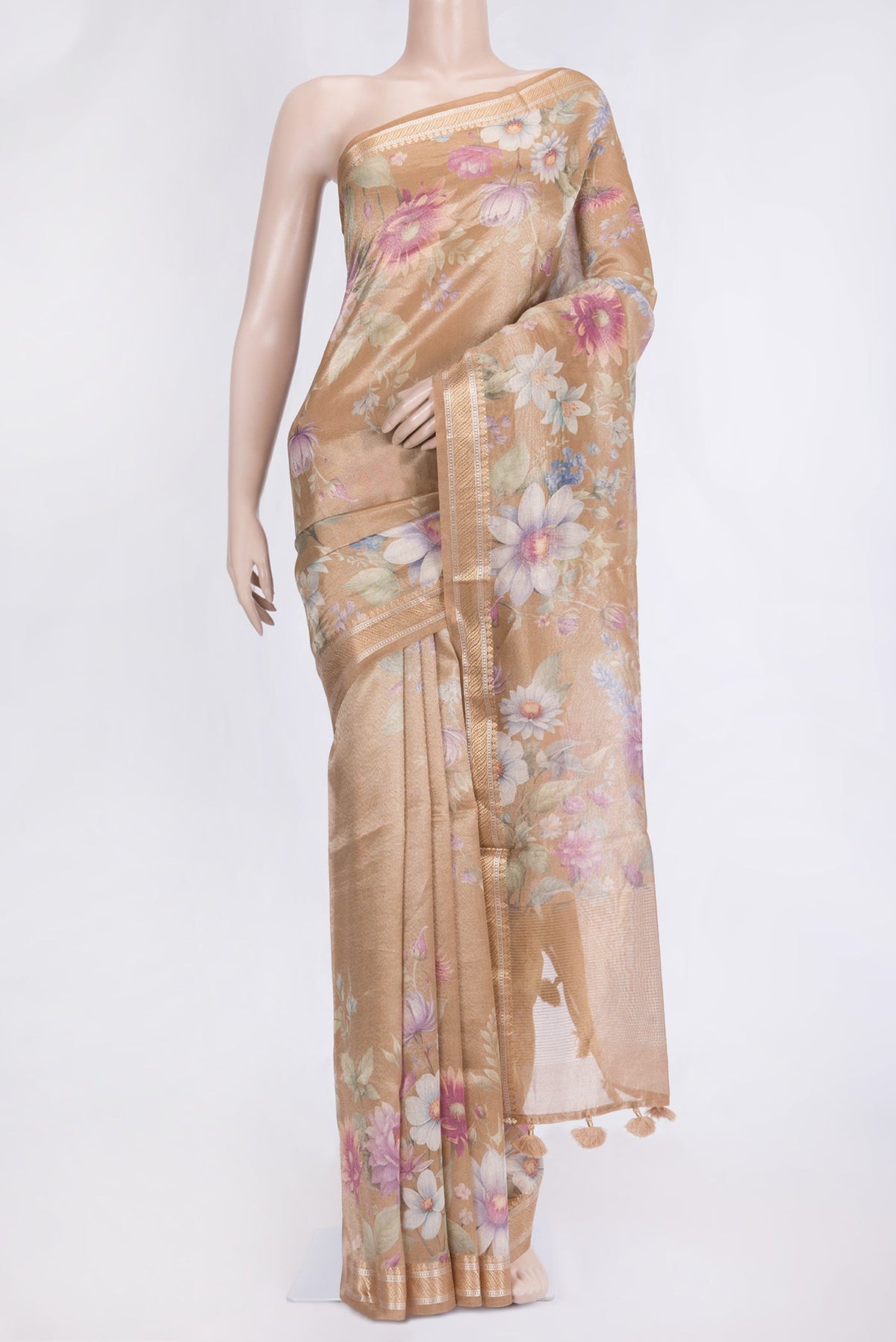 Beige Dual Tone Organza Silk Saree with Printed design on the body and Zari Border.  displayed on a mannequin