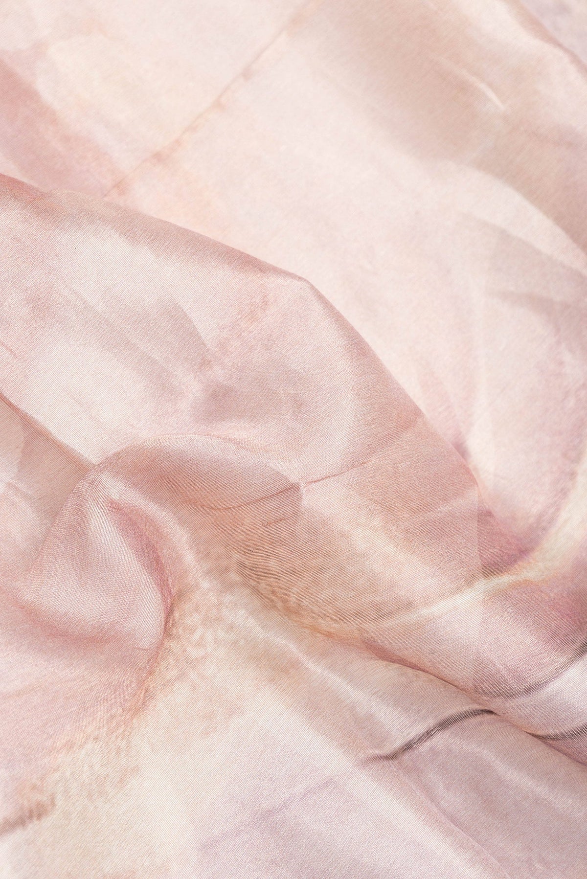 Close up of Rose Gold Dual Tone Organza Silk Saree with Printed design on the body and Zari Border.  displaying folds