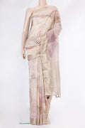 Rose Gold Dual Tone Organza Silk Saree with Printed design on the body and Zari Border.  displayed on a mannequin