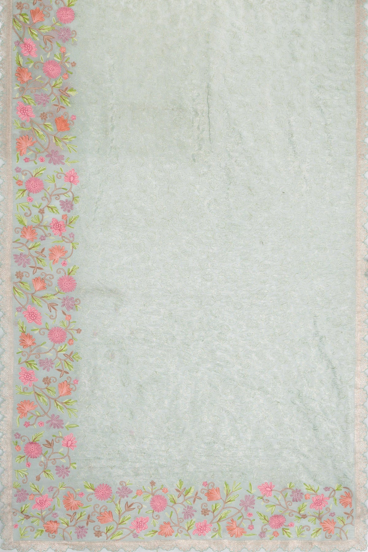 Flat view of Light Green Dual Tone Organza Silk Saree with Embroidery on the body and Embroidery Border. 