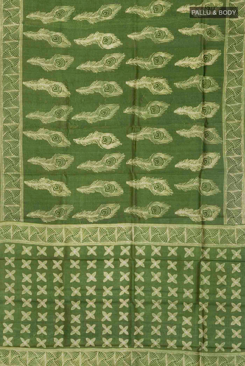 Flat view of Green Tussar Silk Saree with Printed design on the body and Printed Border