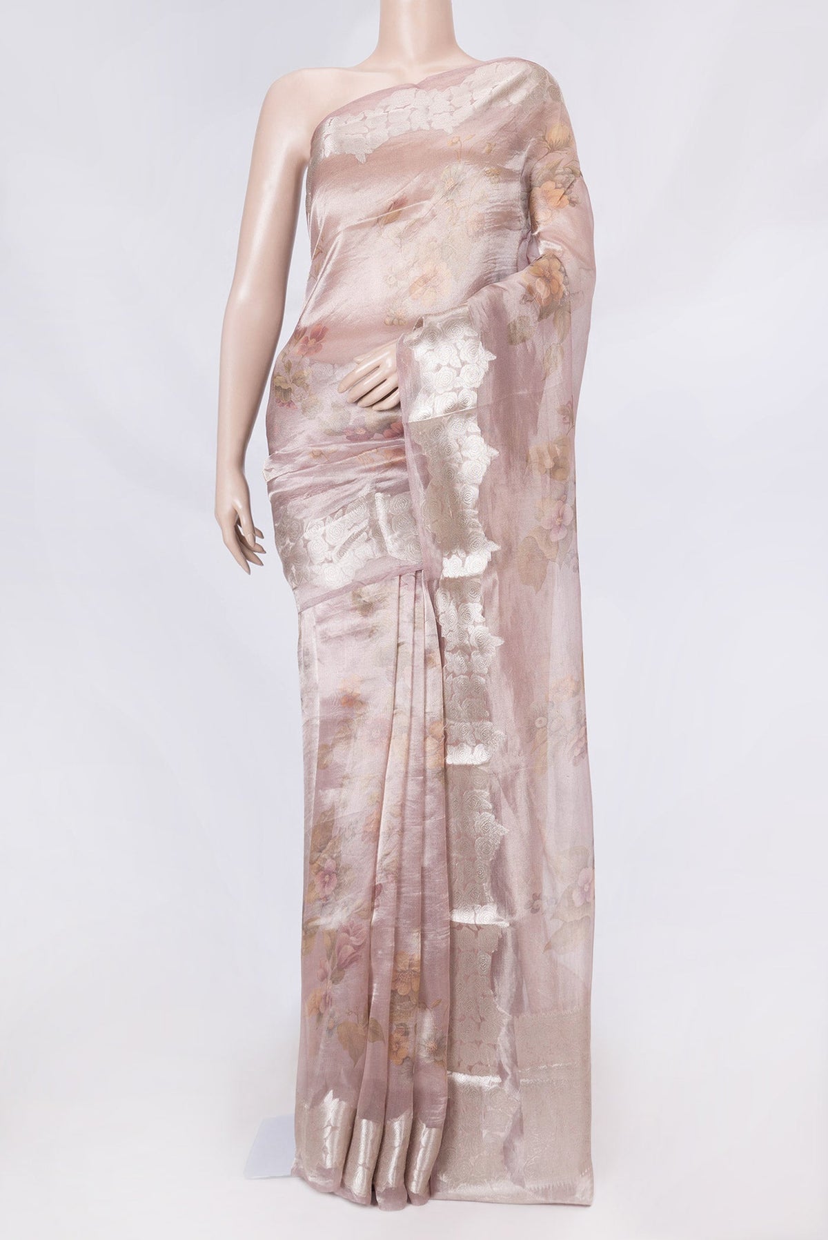 Lavender Dual Tone Organza Silk Saree with Printed design on the body and Zari Border displayed on a mannequin
