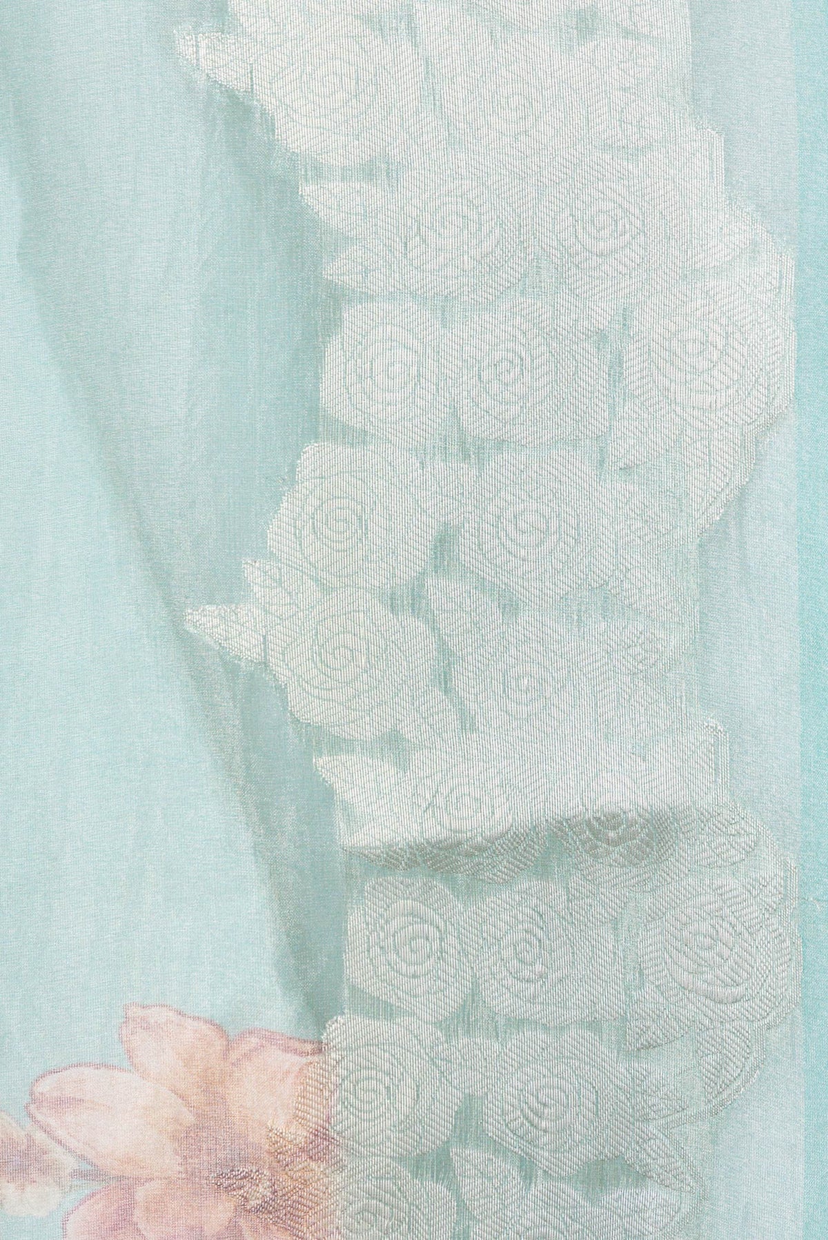 Border image of Sky Blue Dual Tone Organza Silk Saree with Printed design on the body and Zari Border. 