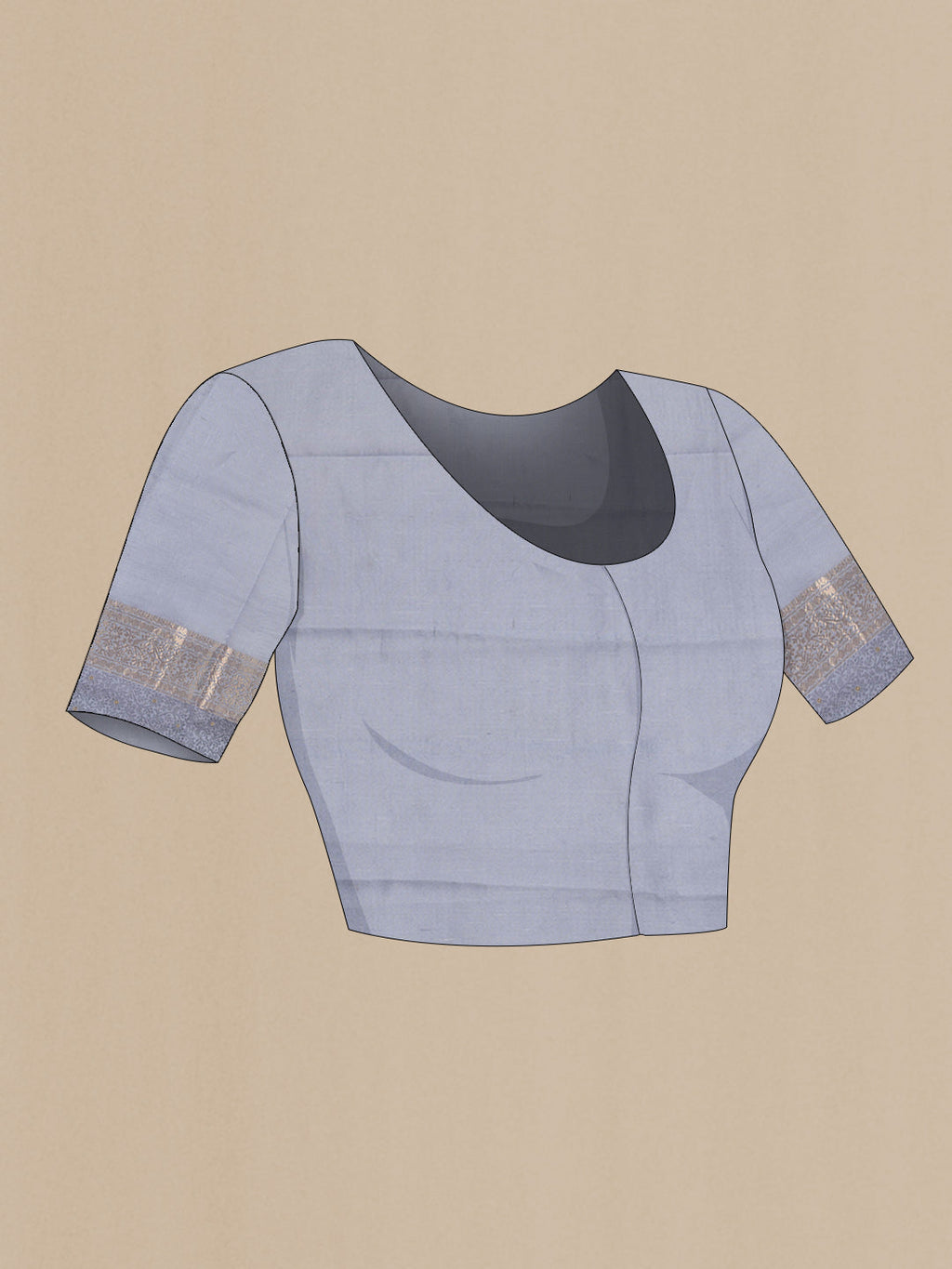 Close up image of the blouse of Grey Dual Tone Tussar Saree with Stripes on the body and Zari And Thread Border