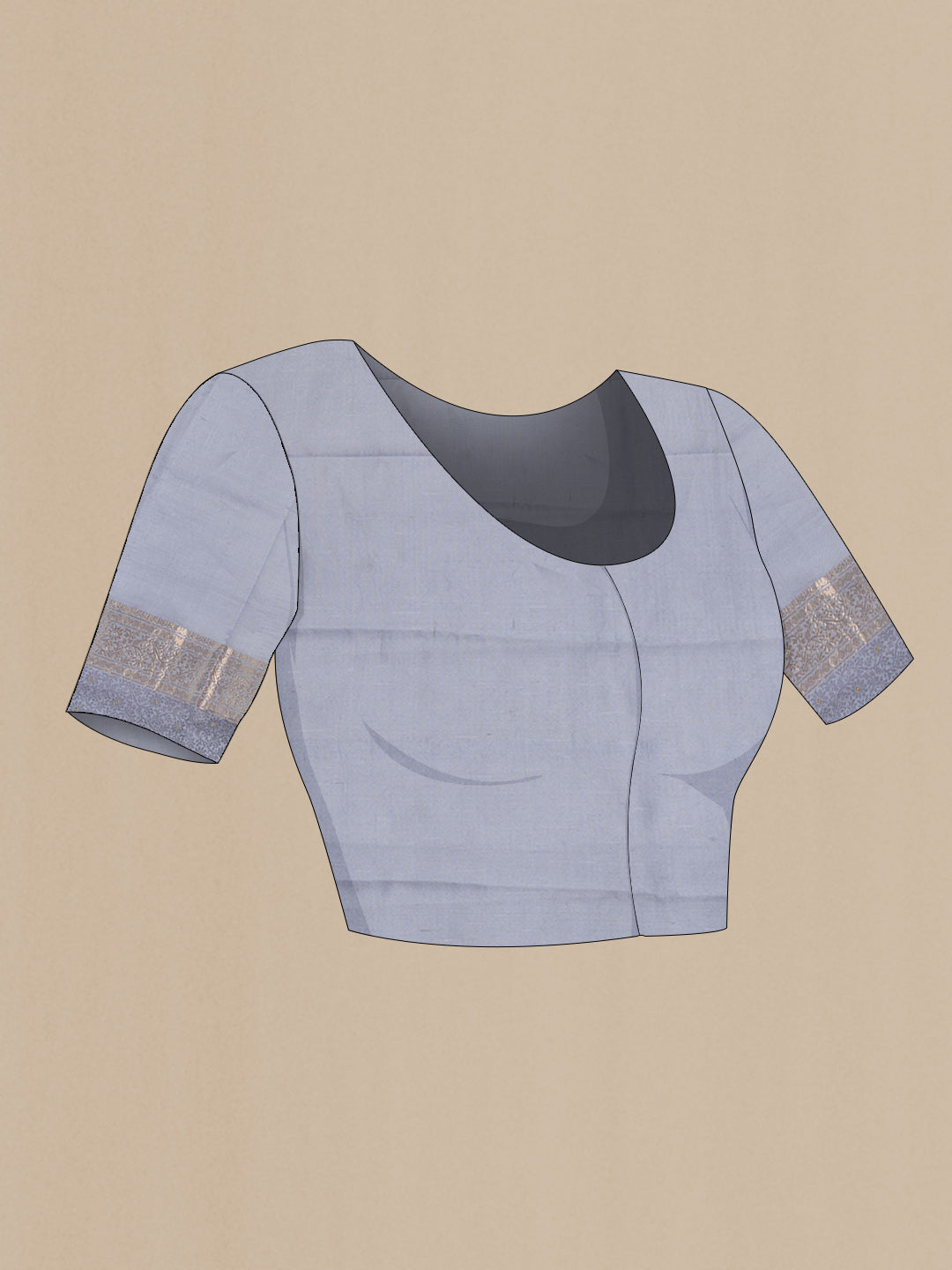 Close up image of the blouse of Grey Dual Tone Tussar Saree with Stripes on the body and Zari And Thread Border