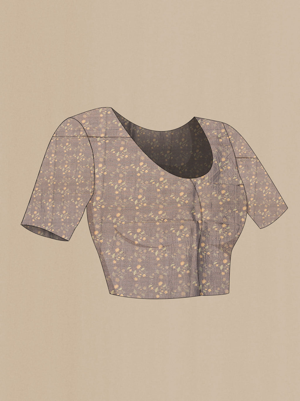 Close up image of the blouse of Grey Dual Tone Tussar Silk SareePrinted design on the body and Zari Border