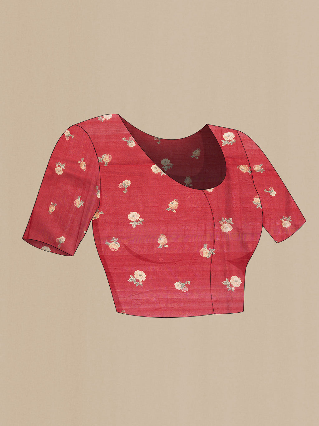 Close up image of the blouse of Red Dual Tone Tussar Silk SareePrinted design on the body and Zari Border