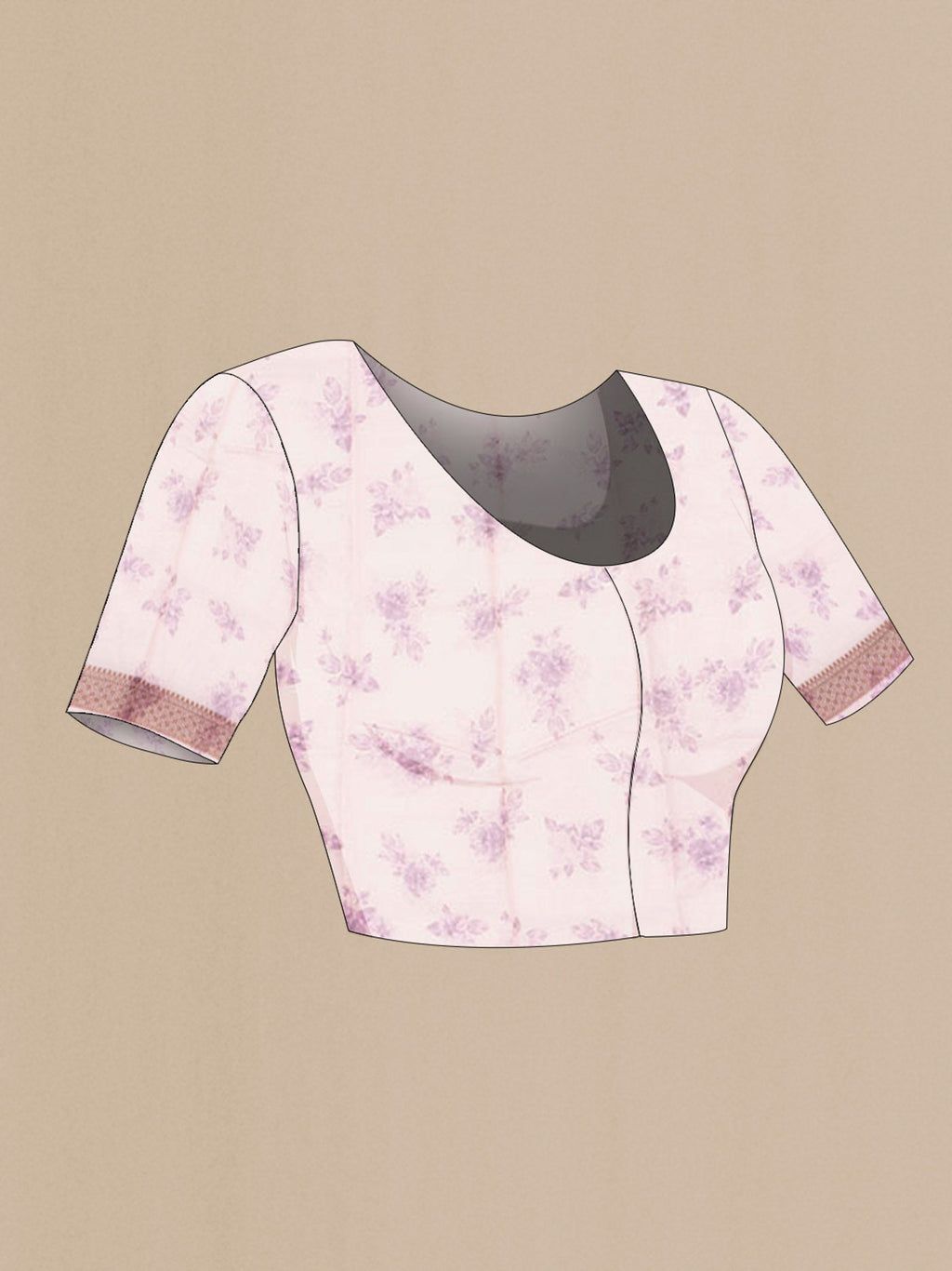 Close up image of the blouse of Rose pink Tussar Silk Saree with Printed design on the body and Zari Border