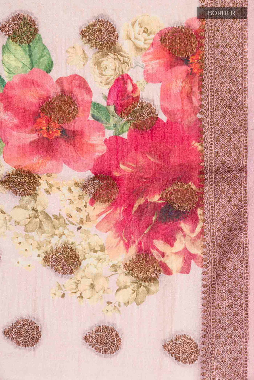 Border image of Rose pink Tussar Silk Saree with Printed design on the body and Zari Border
