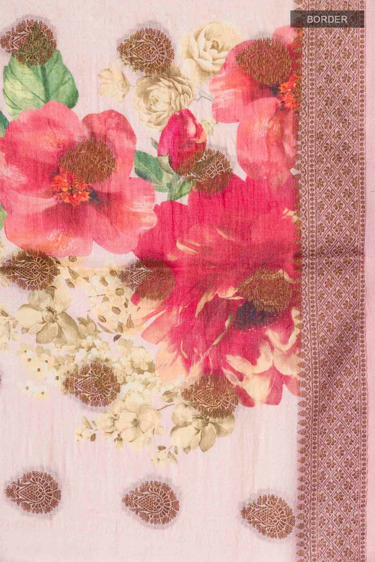 Border image of Rose pink Tussar Silk Saree with Printed design on the body and Zari Border