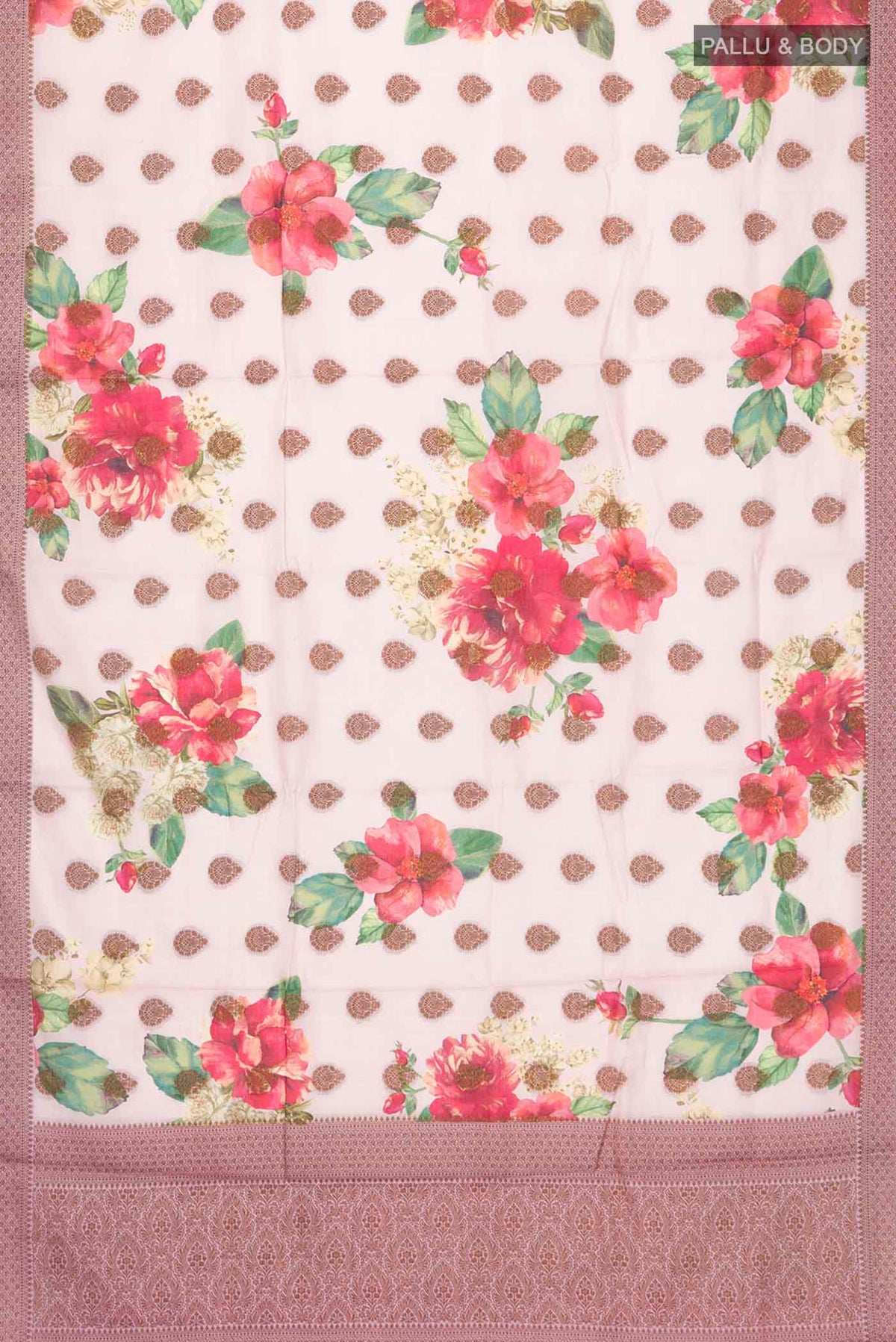 Flat view of Rose pink Tussar Silk Saree with Printed design on the body and Zari Border