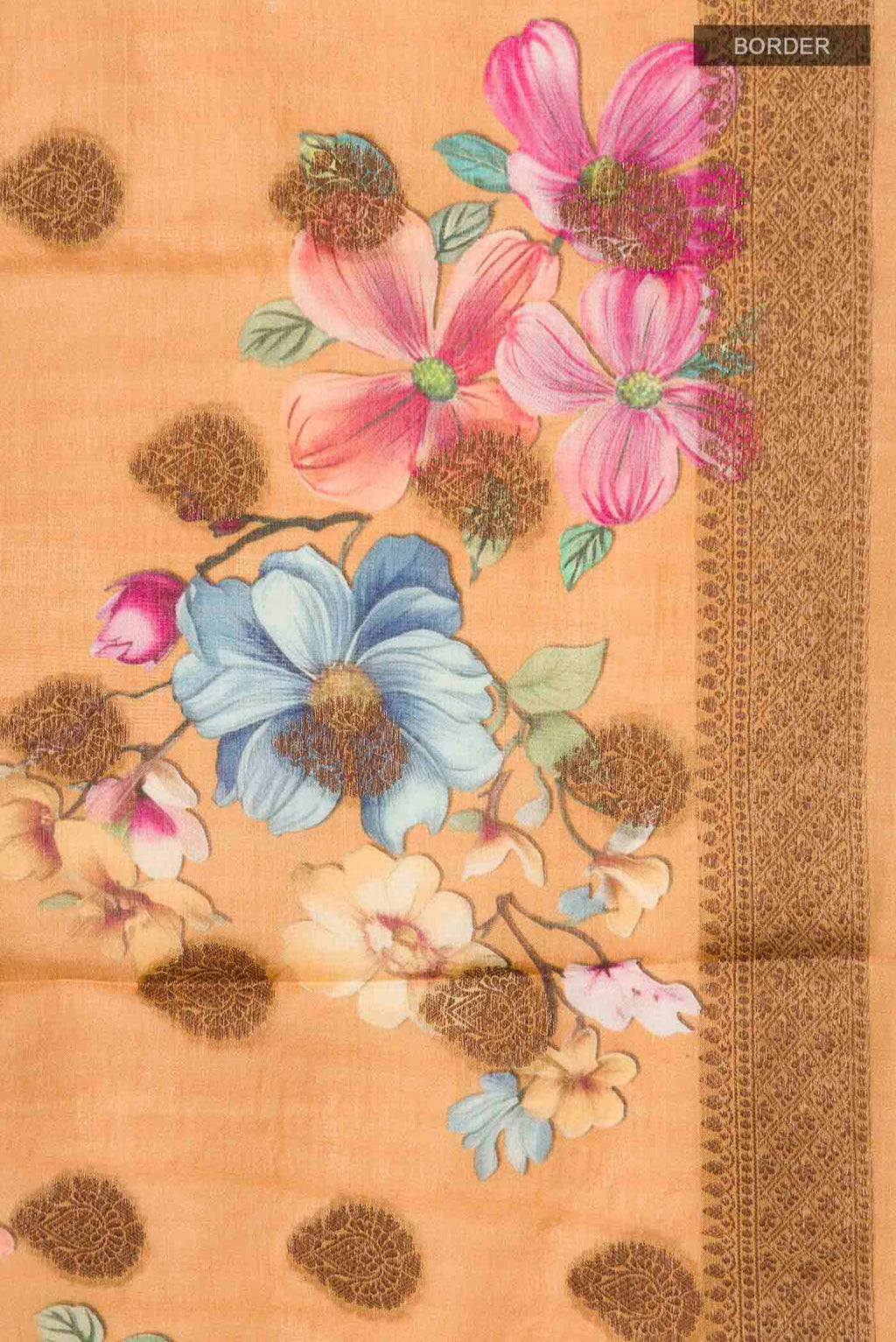 Border image of Mustard Tussar Silk Saree with Printed design on the body and Zari Border