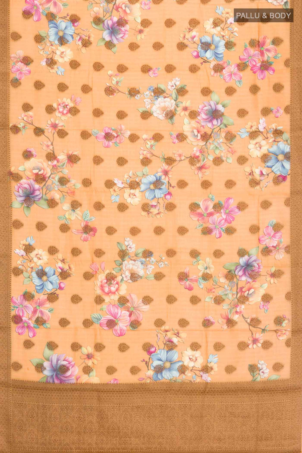 Flat view of Mustard Tussar Silk Saree with Printed design on the body and Zari Border