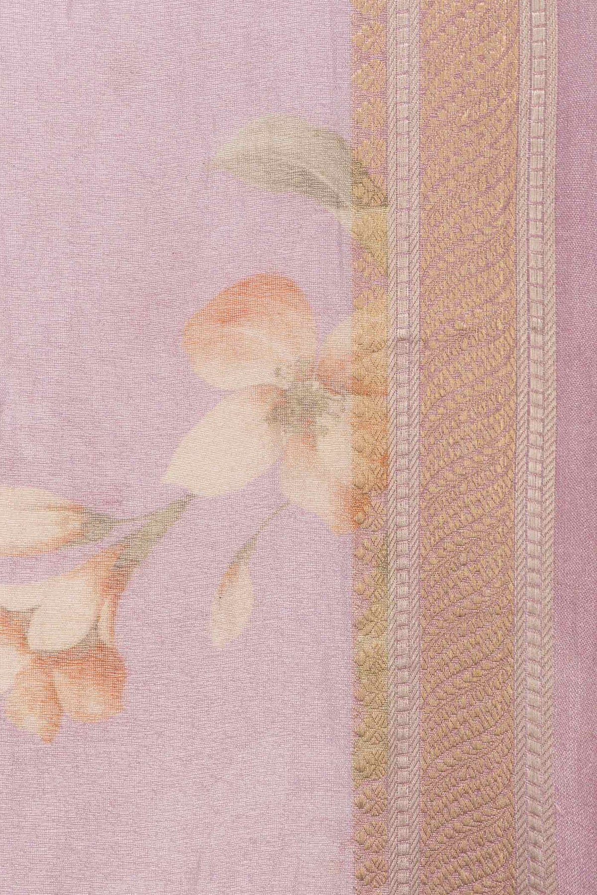 Border image of Pink Dual Tone Organza Silk Saree with Printed design on the body and Zari Border