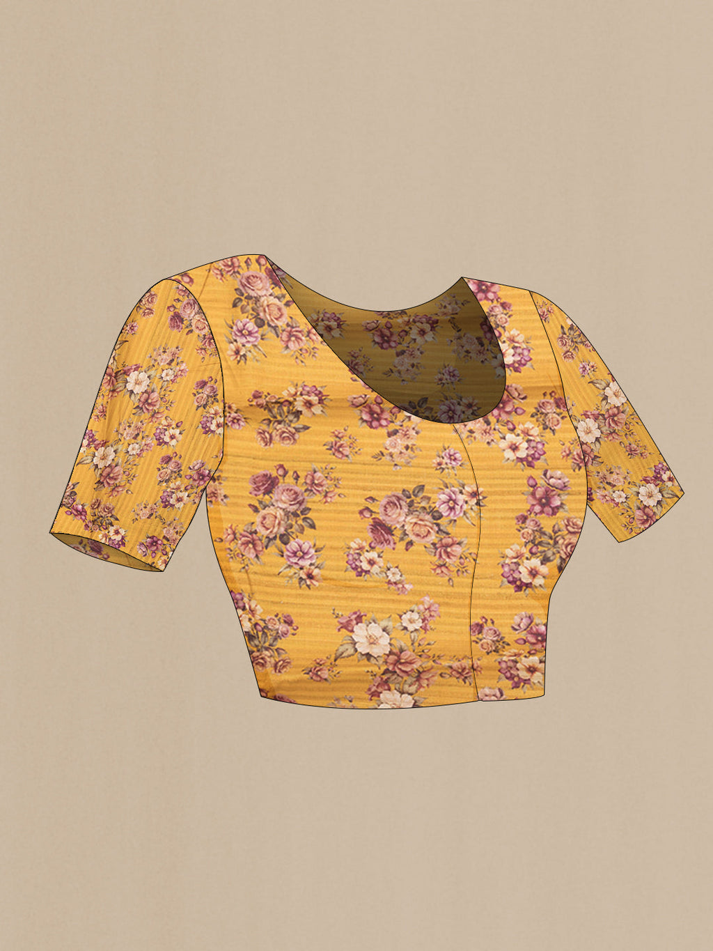 Close up image of the blouse of Yellow Dual Tone Tussar Silk Saree with Printed design on the body and Zari Border. 