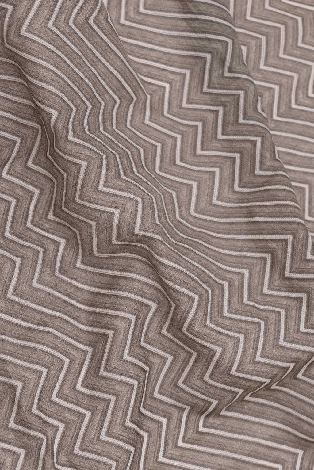 Close up of Grey Dual Tone Blended Tussar Silk Saree with Printed design on the body and Thread Border displaying folds