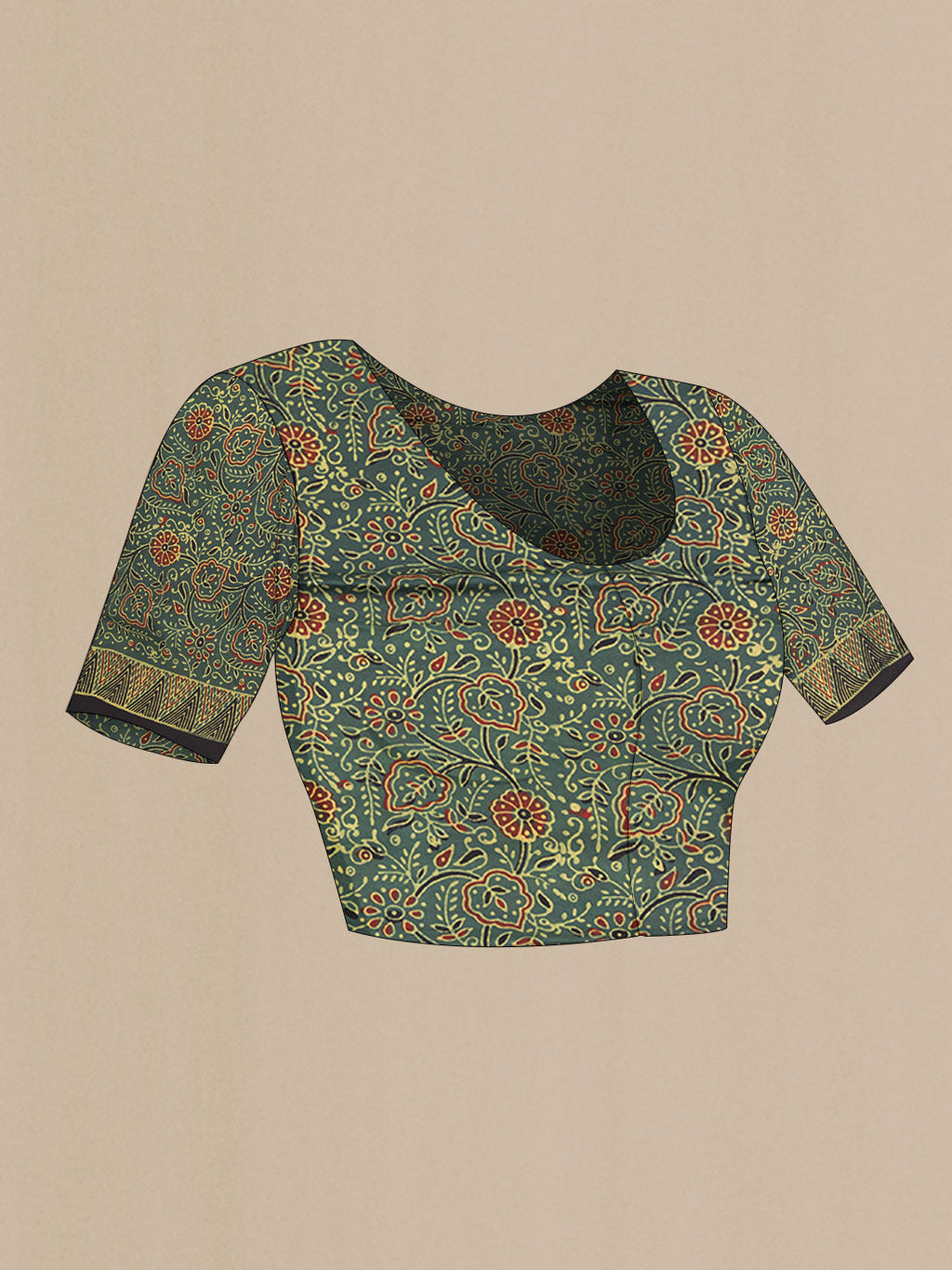 Close up image of the blouse of Green Dual Tone Satin Silk Saree with Printed design on the body and Printed Border