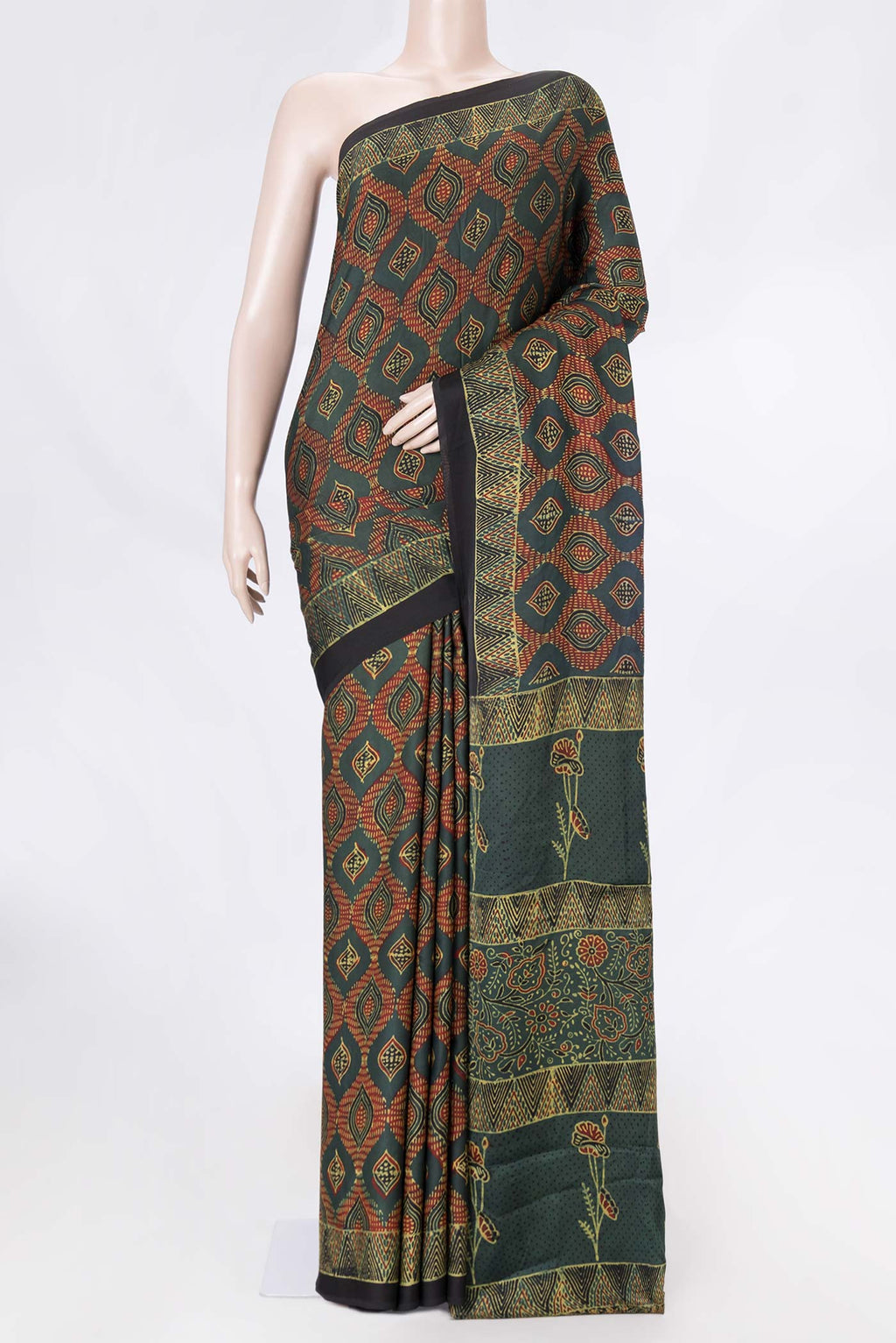 Green Dual Tone Satin Silk Saree with Printed design on the body and Printed Border displayed on a mannequin
