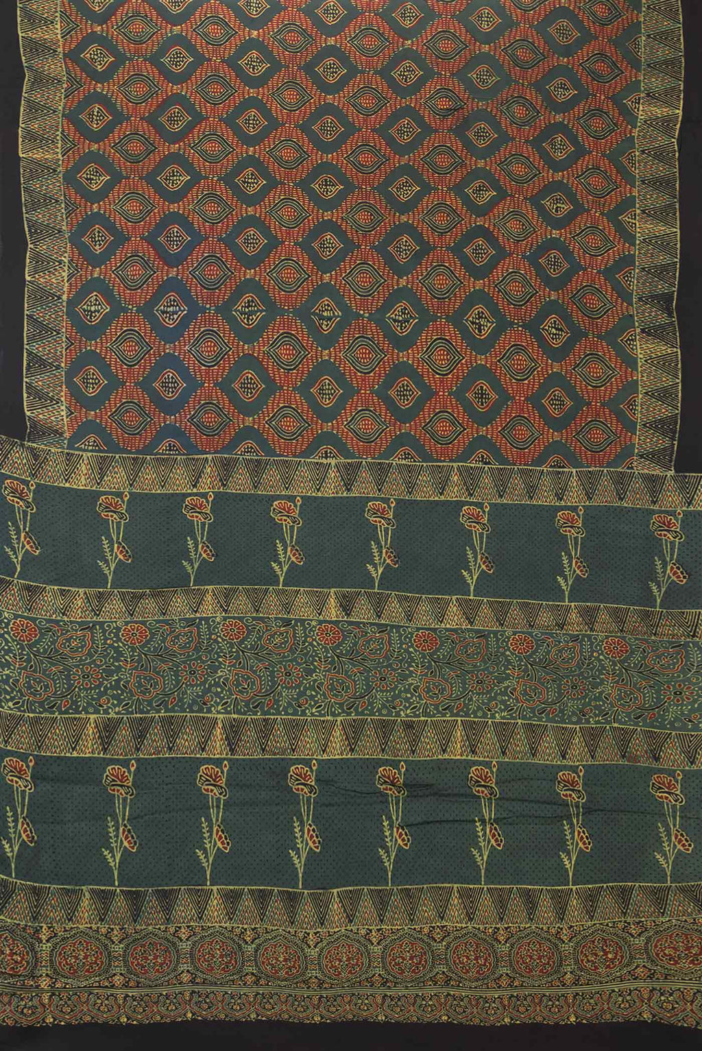 Flat view of Green Dual Tone Satin Silk Saree with Printed design on the body and Printed Border