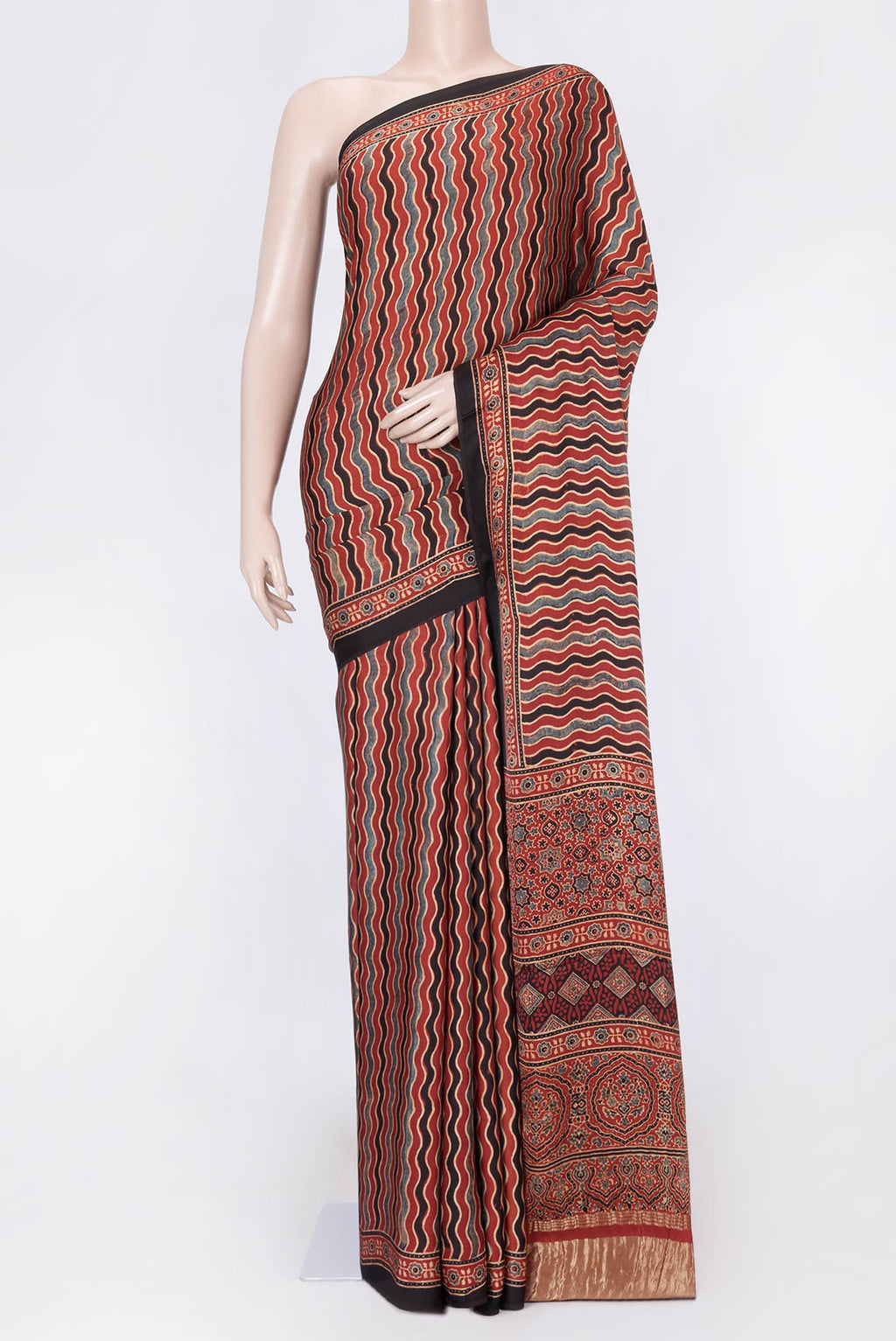 Maroon Dual Tone Linen Saree with Printed design on the body and Zari Border displayed on a mannequin