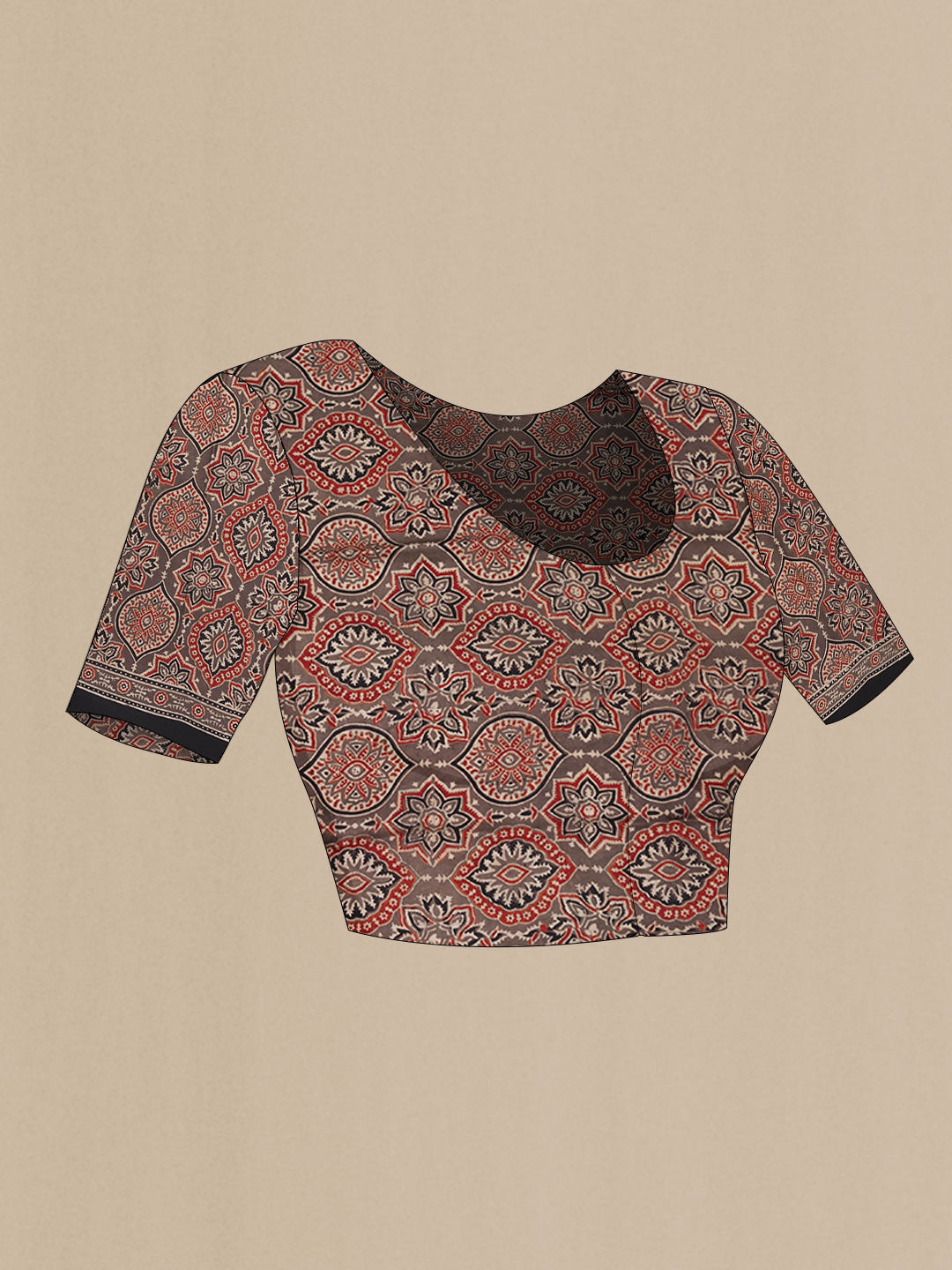 Close up image of the blouse of Brown Dual Tone Linen Saree with Printed design on the body and Zari Border