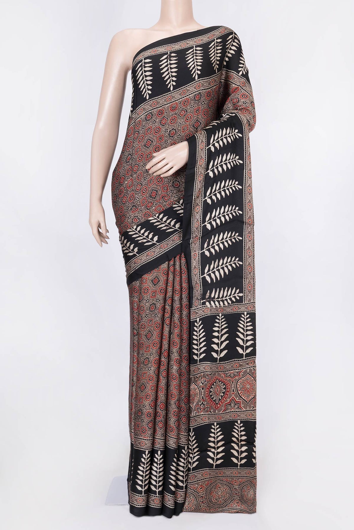 Brown Dual Tone Linen Saree with Printed design on the body and Zari Border displayed on a mannequin