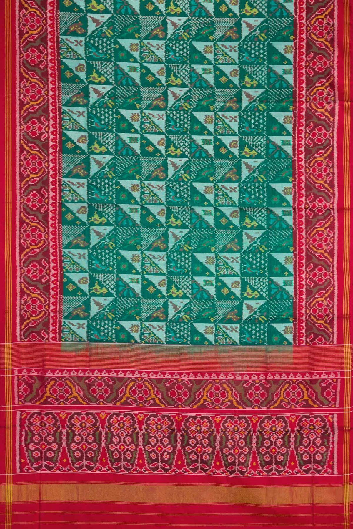 Flat view of Green Dual Tone Rajkot Patola Silk Saree with Ikat Print on the body and Ikat Border