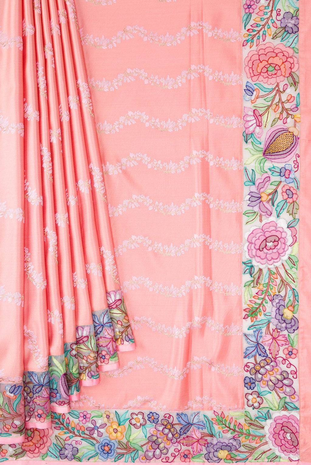 Pleats and pallu of Pure Silk Pure Zari Pink Dual Tone Banarasi Saree with Embroidery on the body and Embroidery Border. 