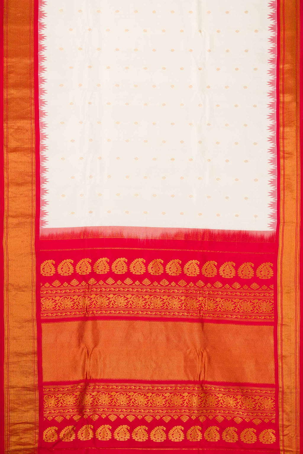 Flat view of Off White Dual Tone Gadwal Silk Saree with Zari Butta on the body and Zari Border