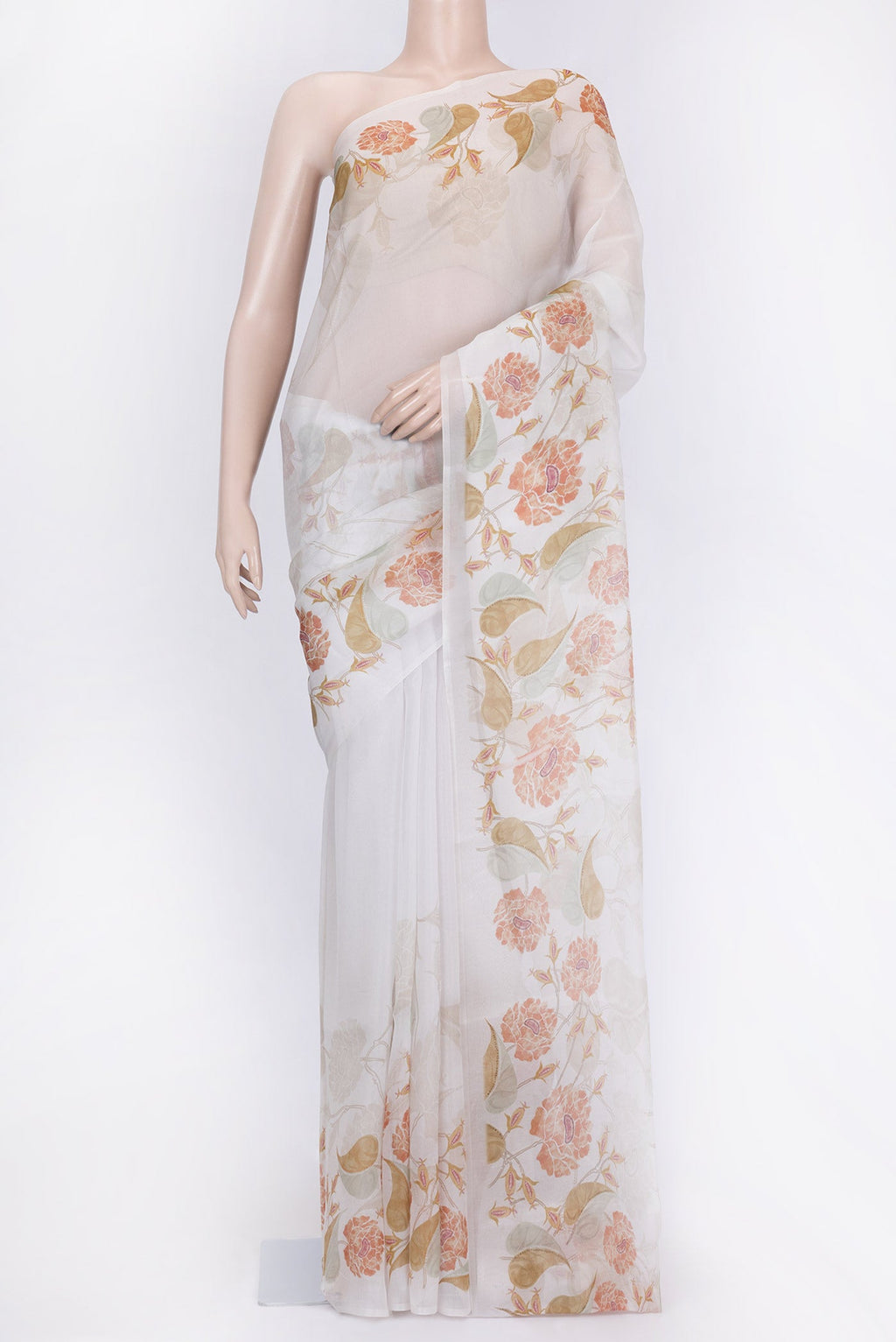 Off White Dual Tone Organza Silk Saree with Zari Butta on the body and Printed Border.  displayed on a mannequin