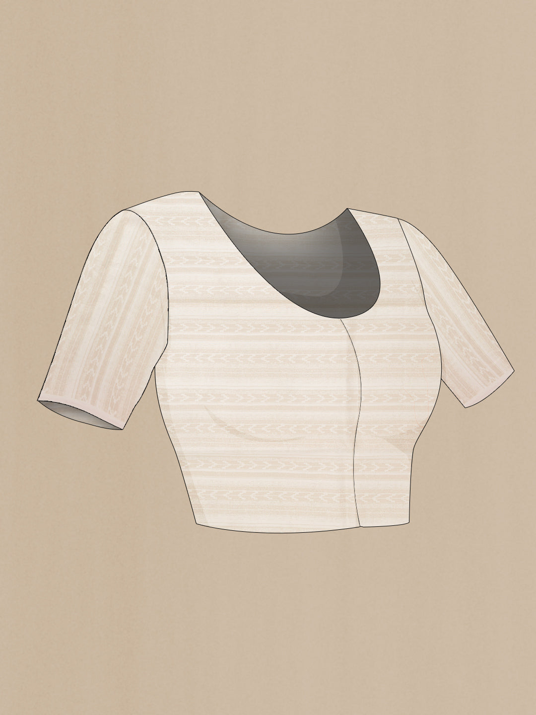 Close up image of the blouse of Off White Dual Tone Organza Silk Saree with Printed design on the body and Zari Border. 