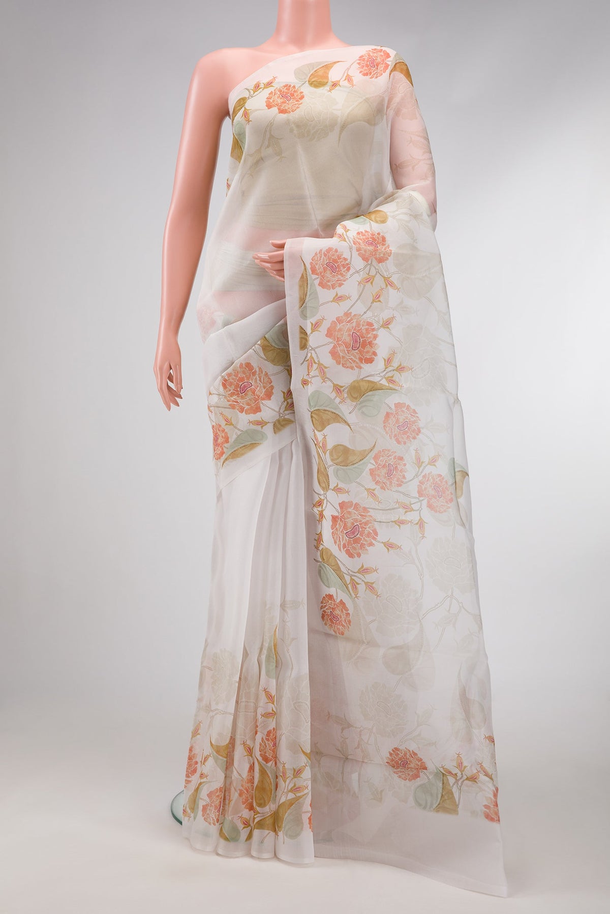Off White Dual Tone Organza Silk Saree with Printed design on the body and Zari Border.  displayed on a mannequin