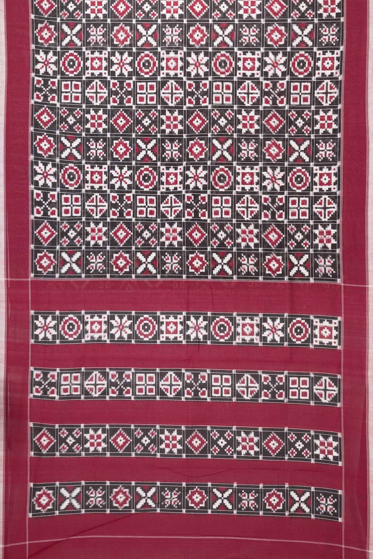 Flat view of Black Dual Tone Double Ikat Saree with Ikat Print on the body and Plain Border