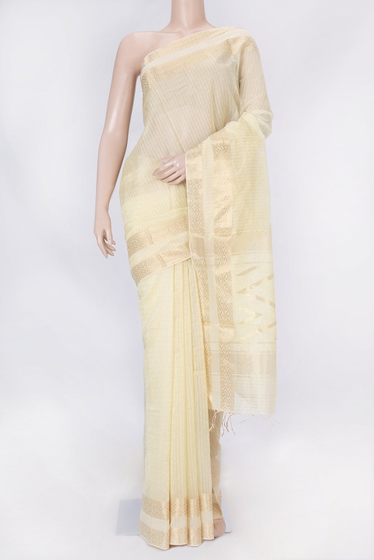 Sandal Dual Tone Chanderi Silk Saree with Checked design on the body and Zari Border displayed on a mannequin