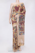 Dark Beige Dual Tone Tussar Silk Saree with kalamkari Print on the body and Zari Border.  displayed on a mannequin