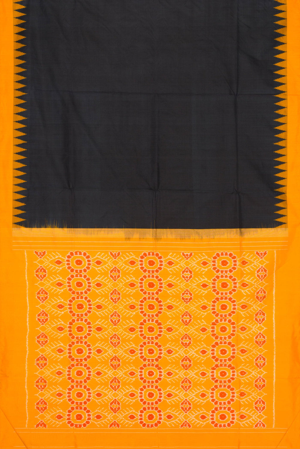 Flat view of Black Dual Tone Double Ikat Saree with Plain Body and Temple Border. 